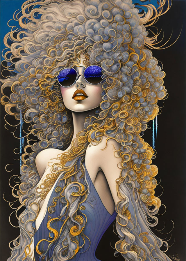 Blond woman with curly hair in round sunglasses & blue earrings