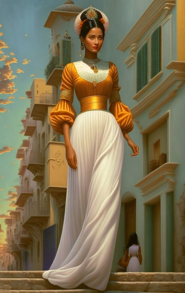 Historical woman in gold bodice and white skirt in European alley