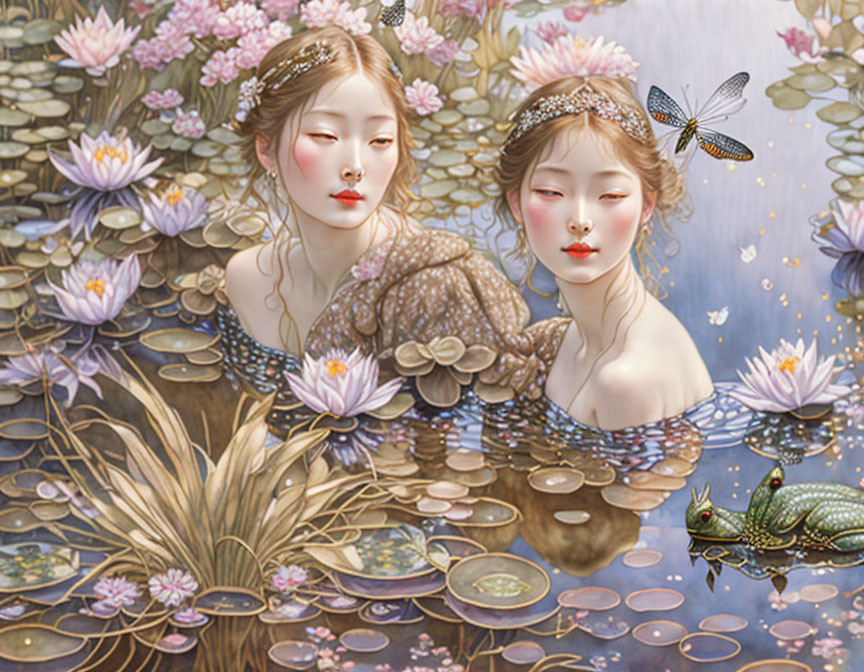 Ethereal women with floral crowns in tranquil pond with frog and dragonfly