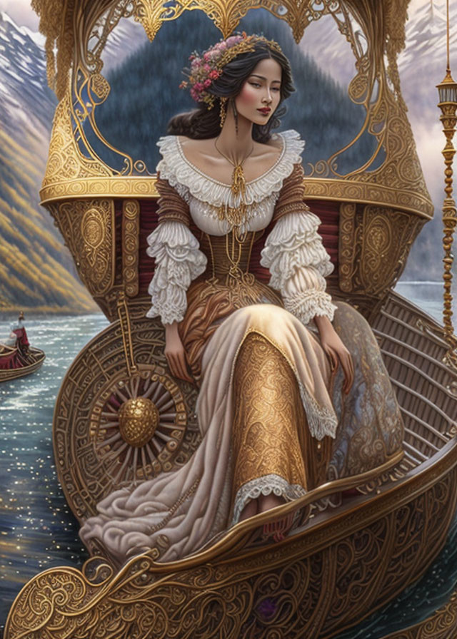 Historical dress woman in decorated boat with water and mountains.