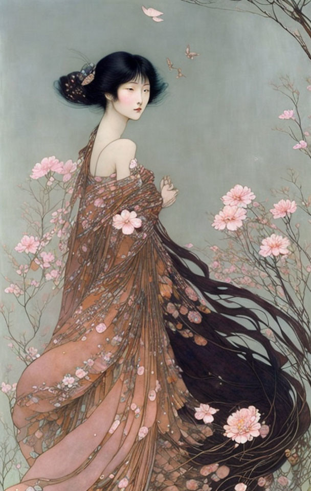 Ethereal woman in flower gown with styled hair against muted backdrop