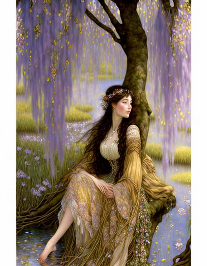 Ethereal woman in golden gown under wisteria tree