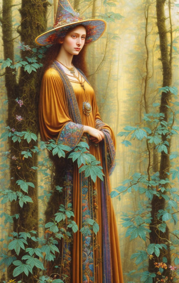 Medieval woman in orange dress with blue accents in golden forest