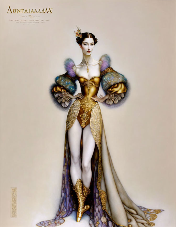 Fantasy female figure in ornate golden armor and iridescent wings