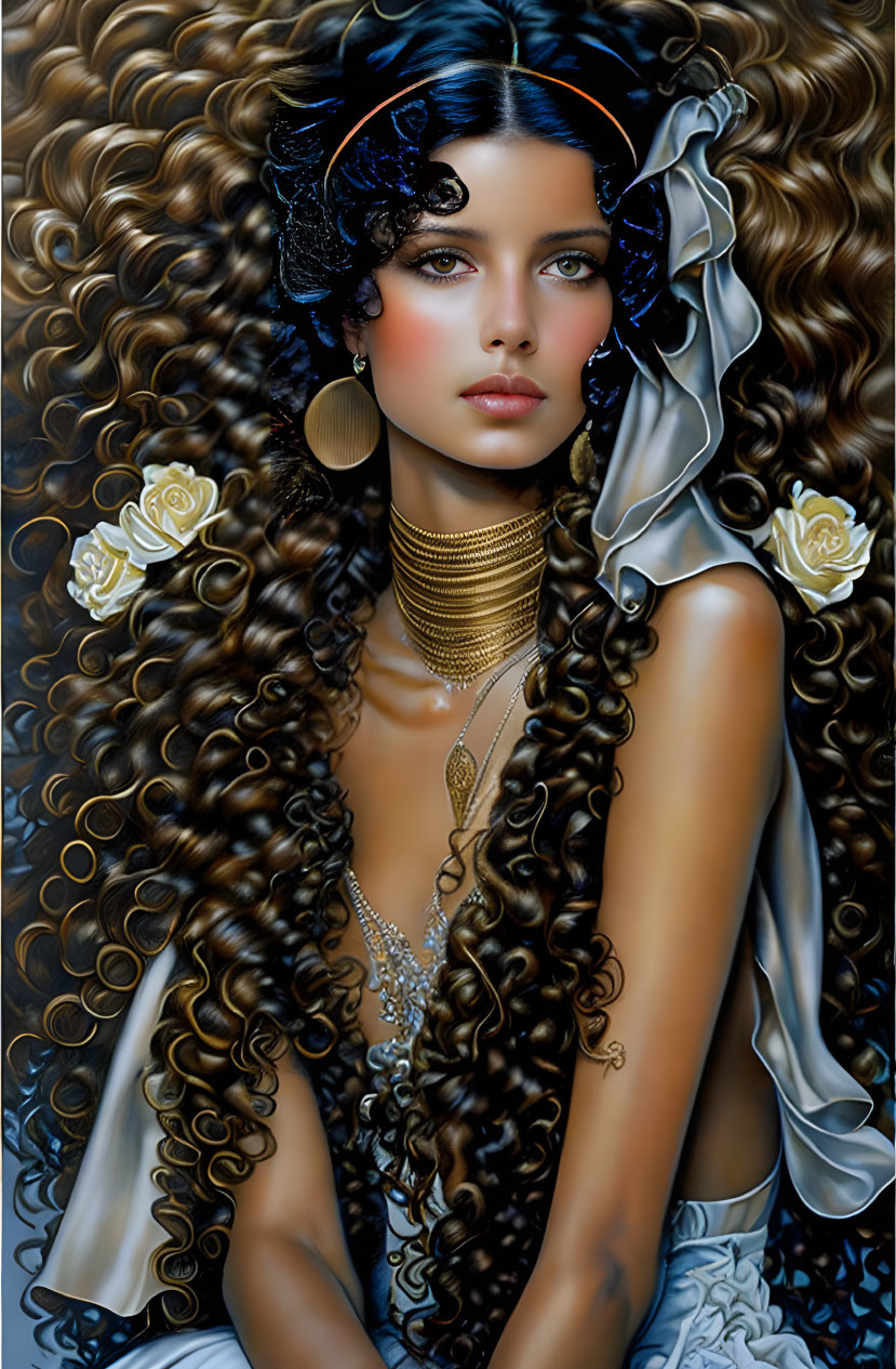 Portrait of woman with curly hair, white flowers, gold jewelry, and elegant attire