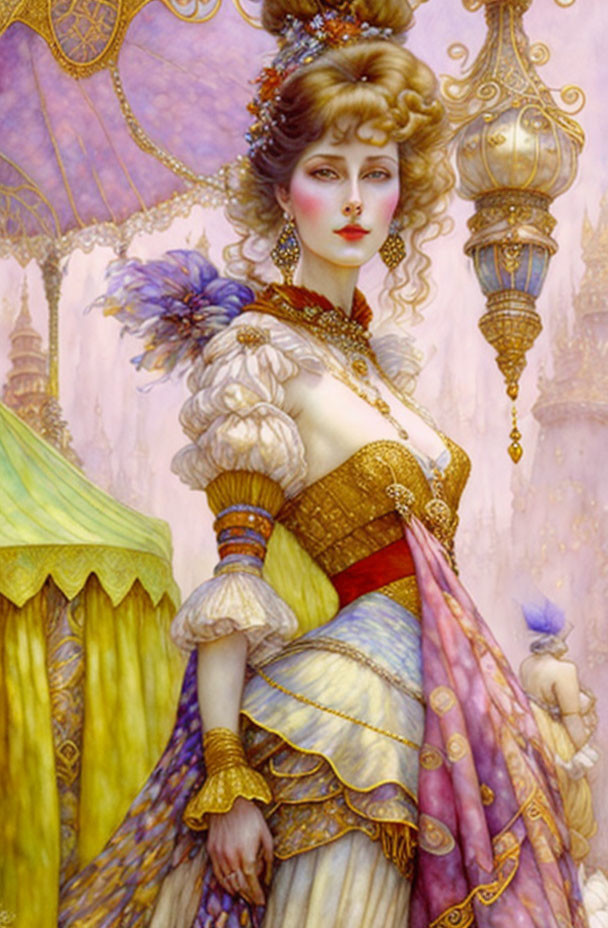 Elegant woman in ornate dress against fantasy backdrop with lanterns