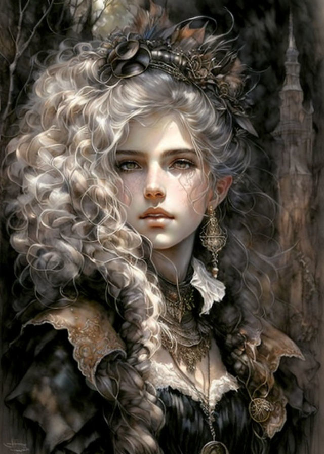 Detailed portrait of woman with curly white hair and striking eyes in black outfit