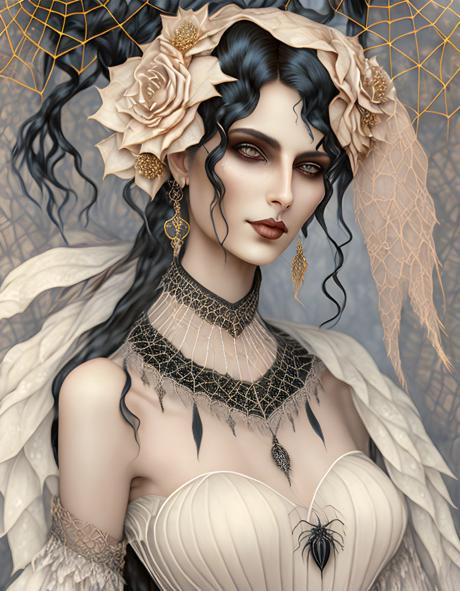 Elegant Gothic Woman in White Dress with Spider Motif