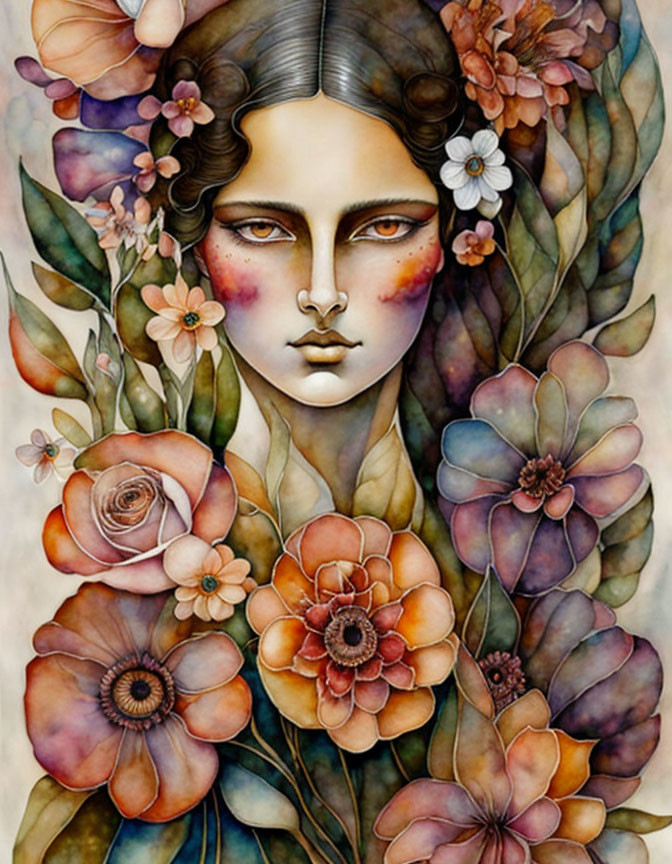 Illustration of solemn female figure amid vibrant stylized flowers