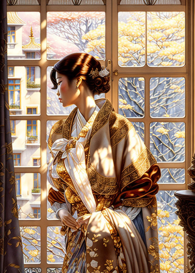 Elegant woman in kimono admires golden autumn landscape from window