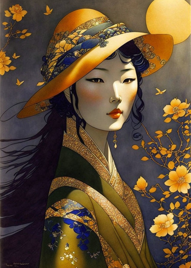 Asian woman in yellow hat and traditional attire with floral patterns on dark background