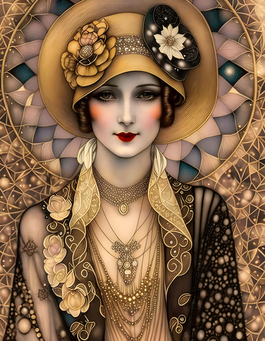 Vintage-style woman with wide-brimmed hat and floral adornments on geometric background