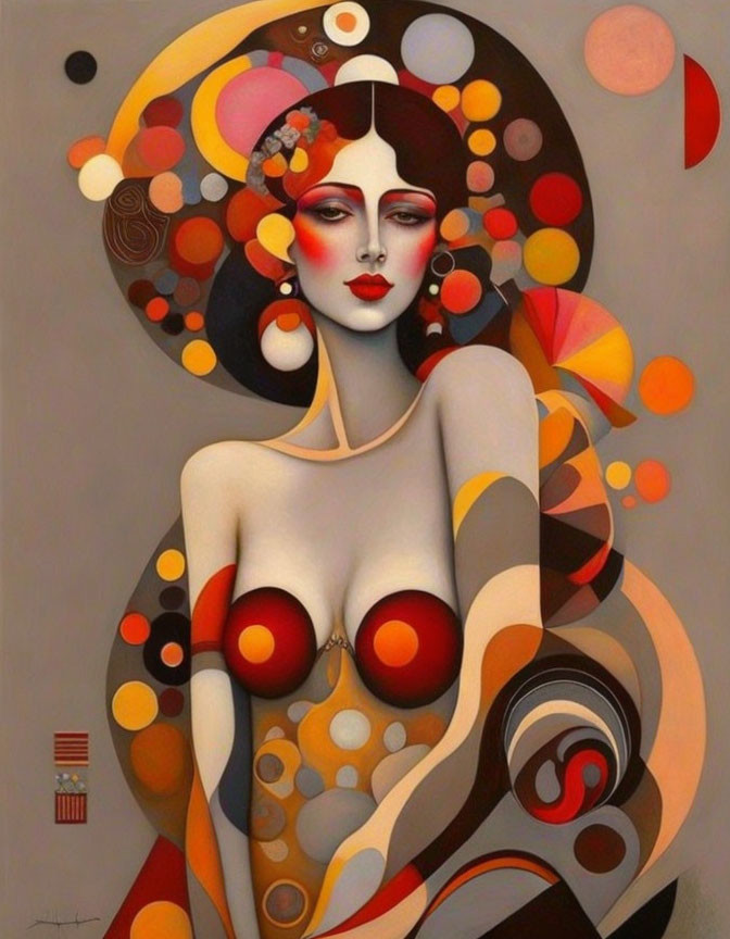 Stylized artistic portrait of female figure with red accents and warm-toned abstract shapes