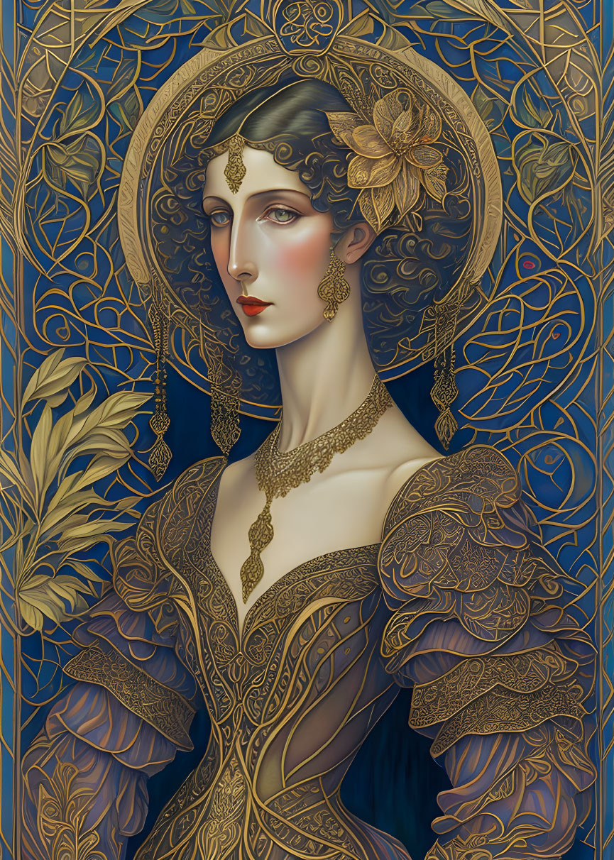 Illustrated Woman with Gold and Blue Halo Background in Art Nouveau Style