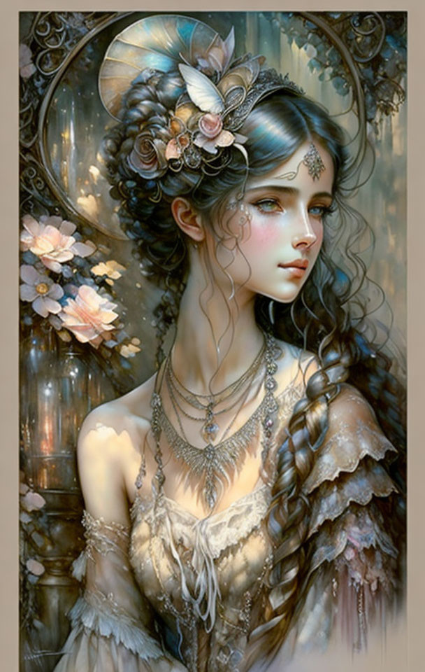 Ethereal artwork of woman with intricate jewelry and floral headdress in soft hues