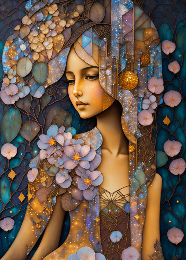 Stylized artwork of wistful female figure with cosmic and floral motifs