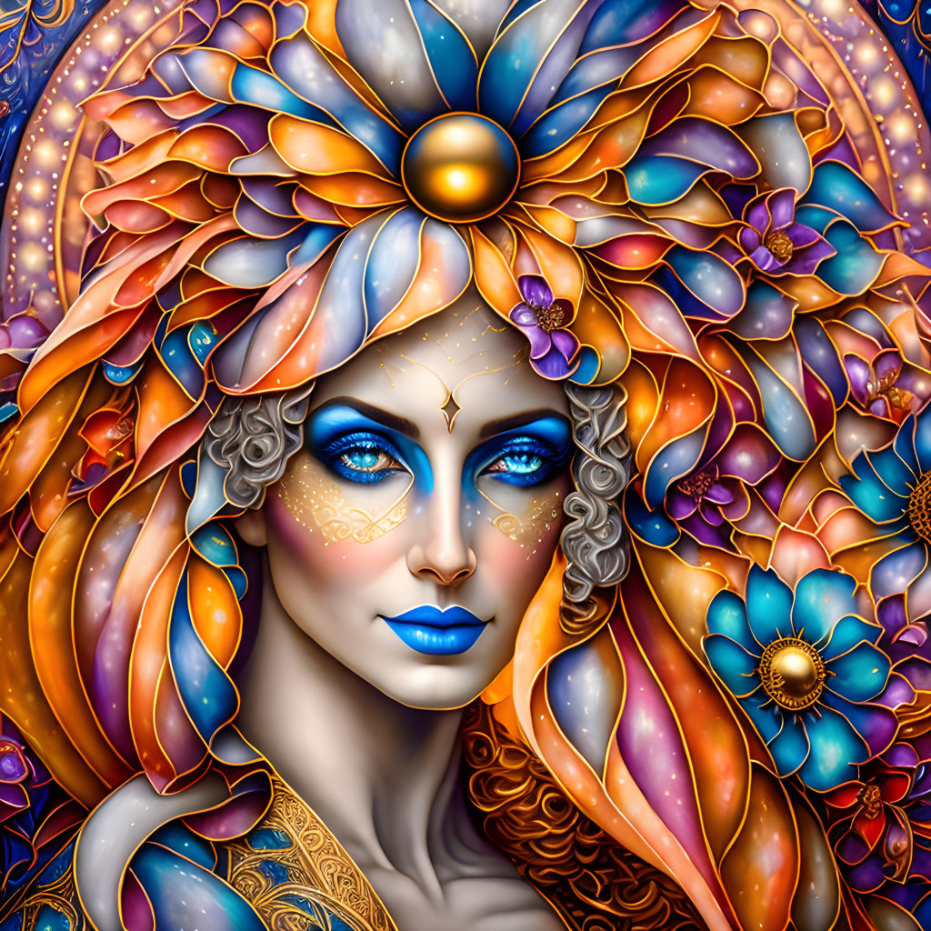 Colorful Woman with Floral Hair and Jewel in Cosmic Setting