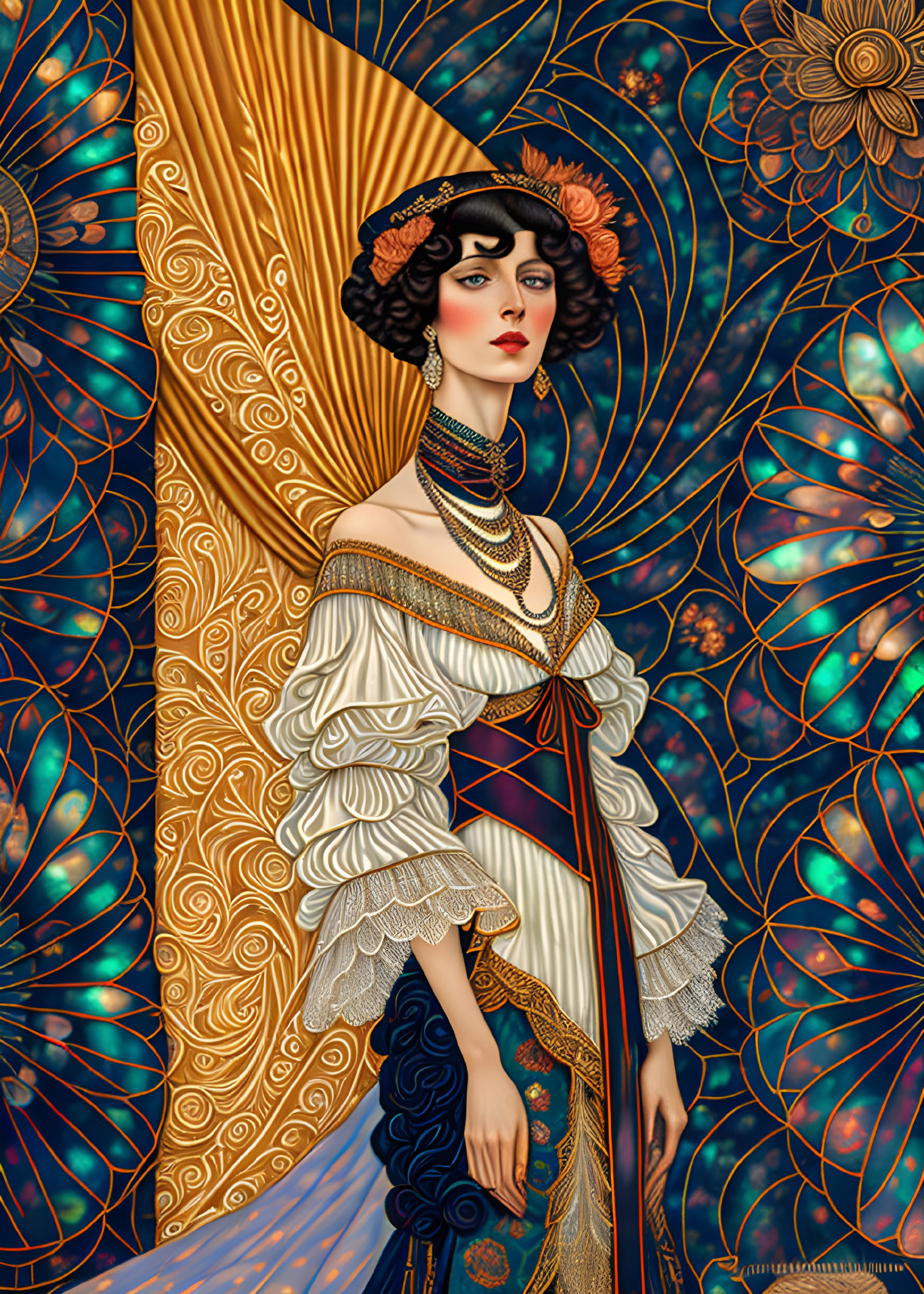 Illustrated woman in ornate historical dress with gold and blue Art Nouveau patterns