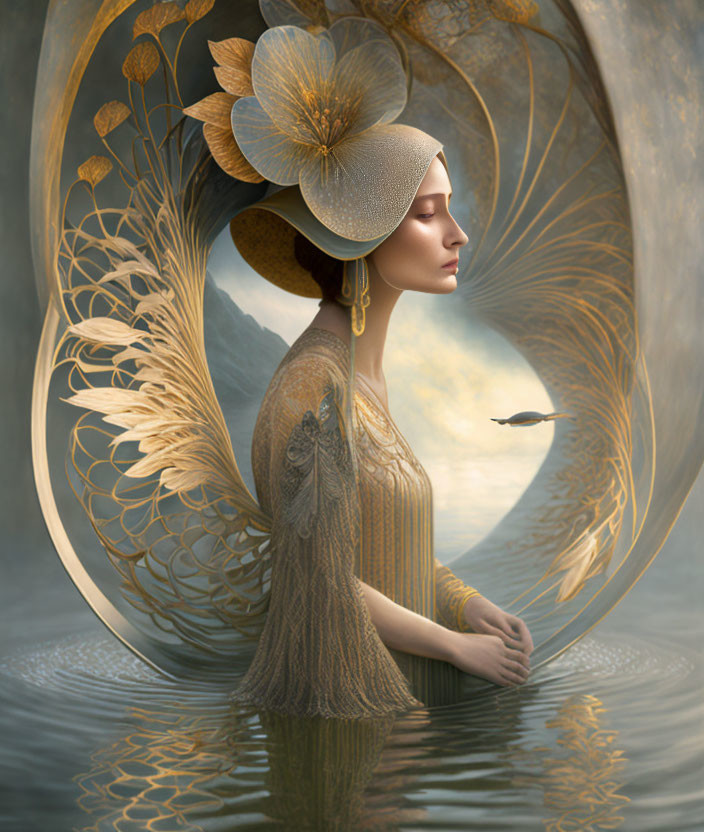 Surreal portrait of woman with floral and bird motifs in tranquil water scene