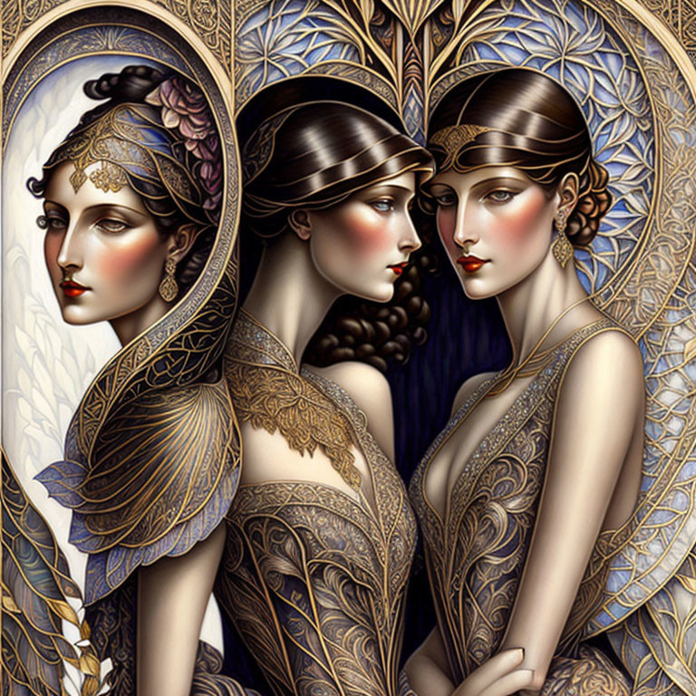 Art Nouveau Style Women with Golden Headpieces on Floral Background