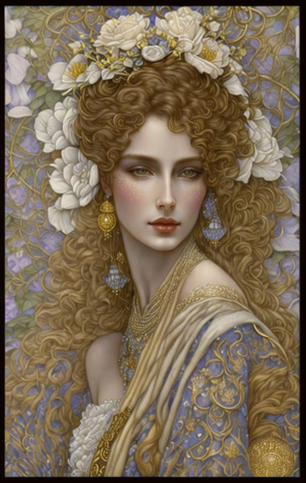 Portrait of Woman with Golden Curly Hair and Floral Accessories