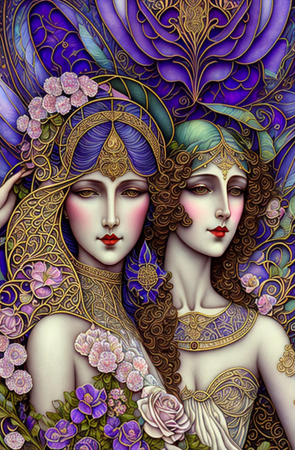 Detailed illustration of two women with elaborate headdresses, golden jewelry, and purple floral accents on peacock