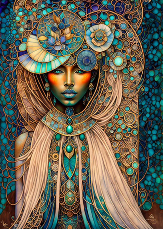 Ornate headdress and vibrant tones in mystical portrait