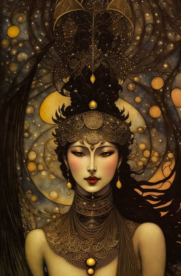 Intricate artwork of woman with headgear and jewelry in celestial setting