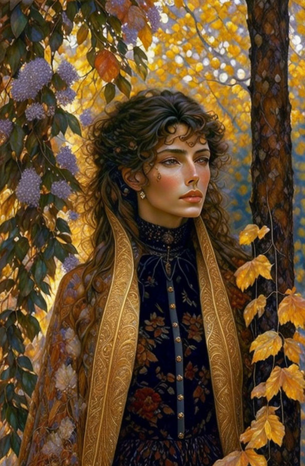 Illustrated woman in traditional attire among autumn foliage