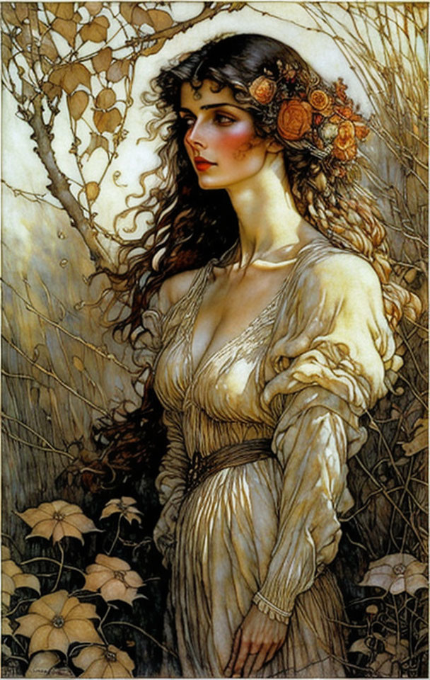 Illustrated woman with red flower-adorned hair in vintage cream dress among foliage