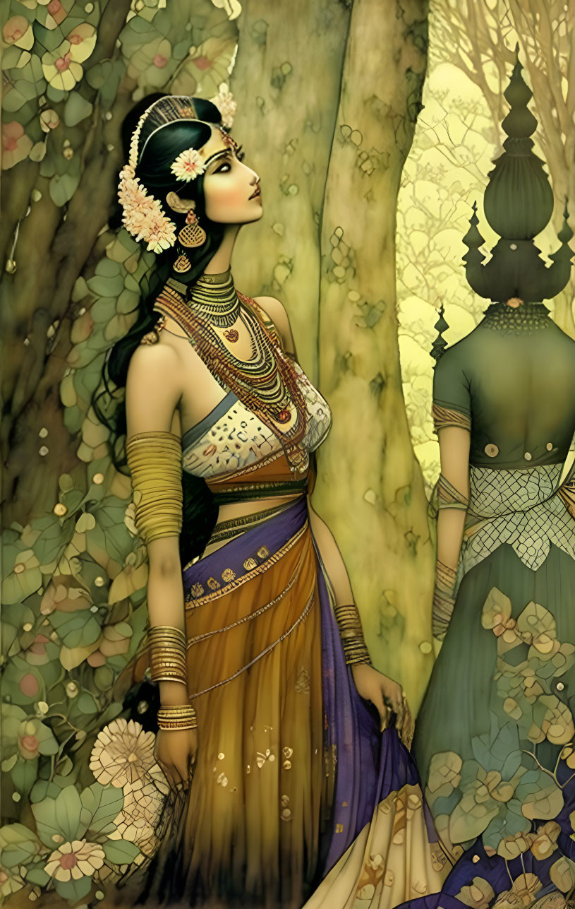 Traditional Indian Attire Woman Illustration Beside Tree