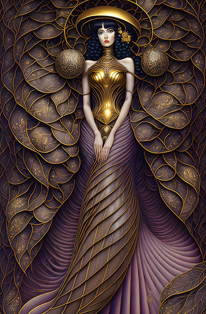 Golden halo and corset figure in art nouveau-inspired design on purple backdrop