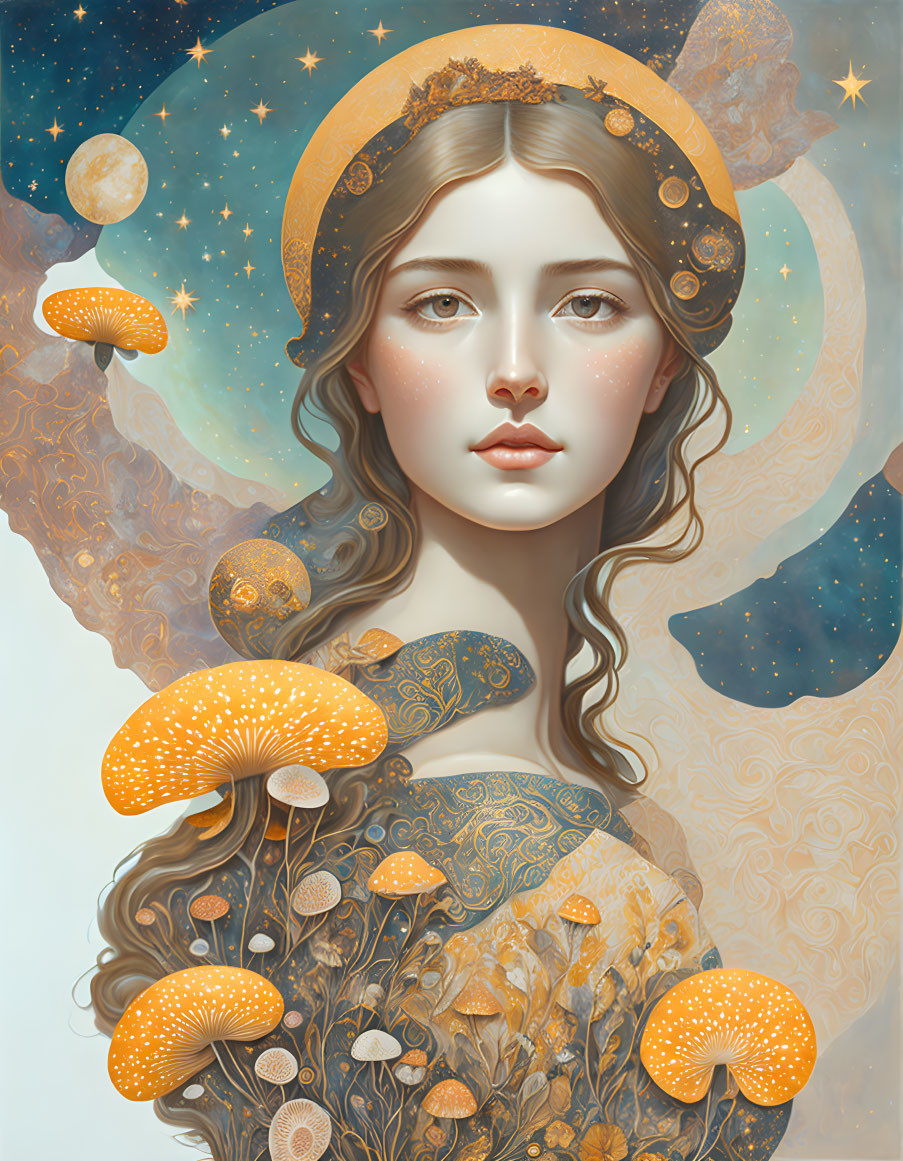 Surreal portrait of woman with celestial elements and glowing mushrooms