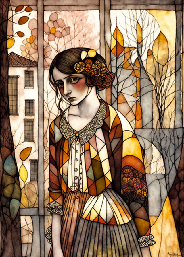 Melancholic Woman in Autumnal Attire with Stylized Trees and Leaves