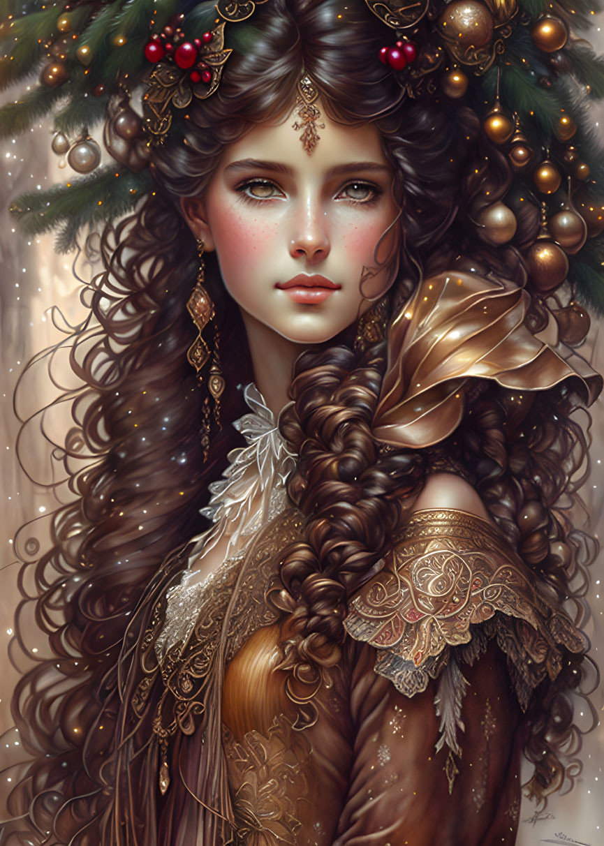 Illustrated female figure with wavy brown hair and festive greenery and berries in golden-brown attire