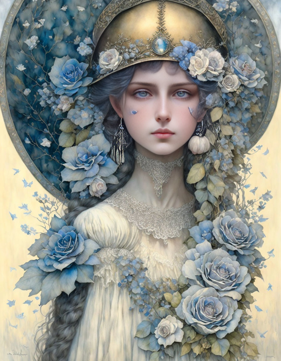 Fantasy portrait of woman with blue flowers, golden headdress, and piercing blue eyes