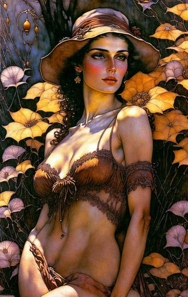 Woman in wide-brimmed hat surrounded by golden leaves and ornate undergarments.