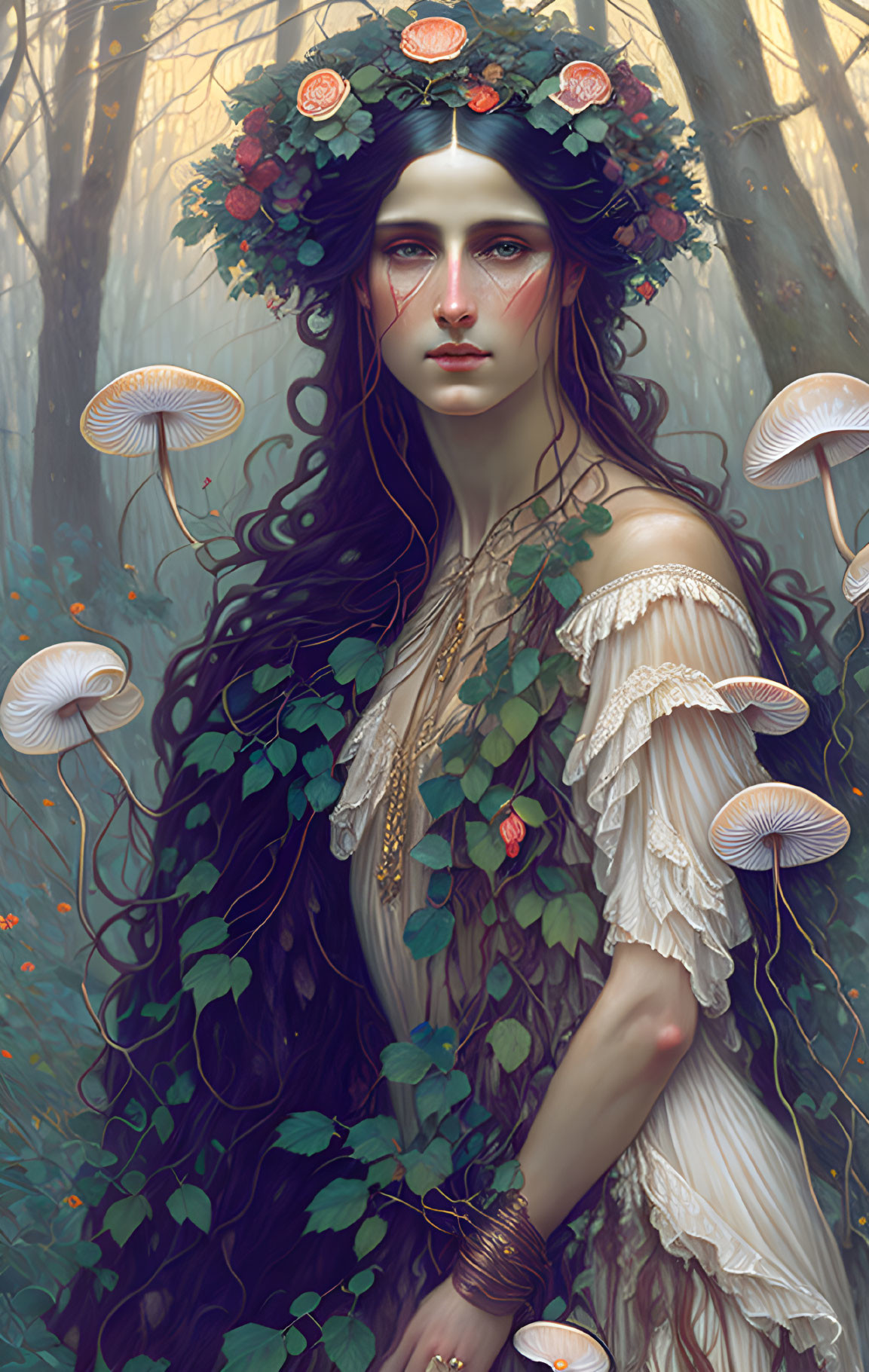 Dark-haired woman in flower crown in mystical forest with glowing mushrooms.