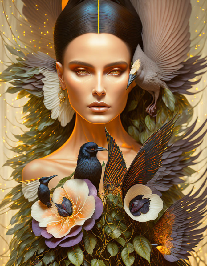 Surreal portrait of a woman with bird motifs, feathers, and vibrant flowers