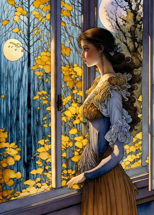 Illustrated woman in vintage dress gazes at moonlit forest through window