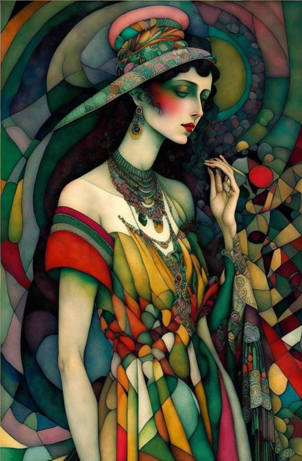 Colorful Art Nouveau Woman Illustration with Swirling Patterns