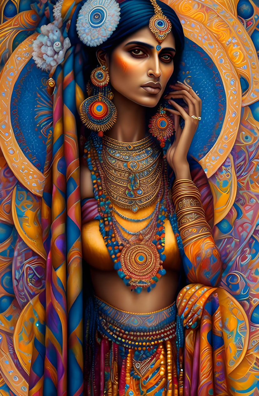 Detailed illustration of woman in blue and orange attire with ornate jewelry and intense gaze