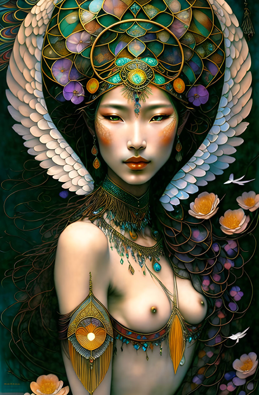 Mystical woman with elaborate headdress and wings amidst floating flowers