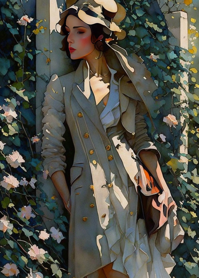 Stylized painting of woman in trench coat by blooming vine wall