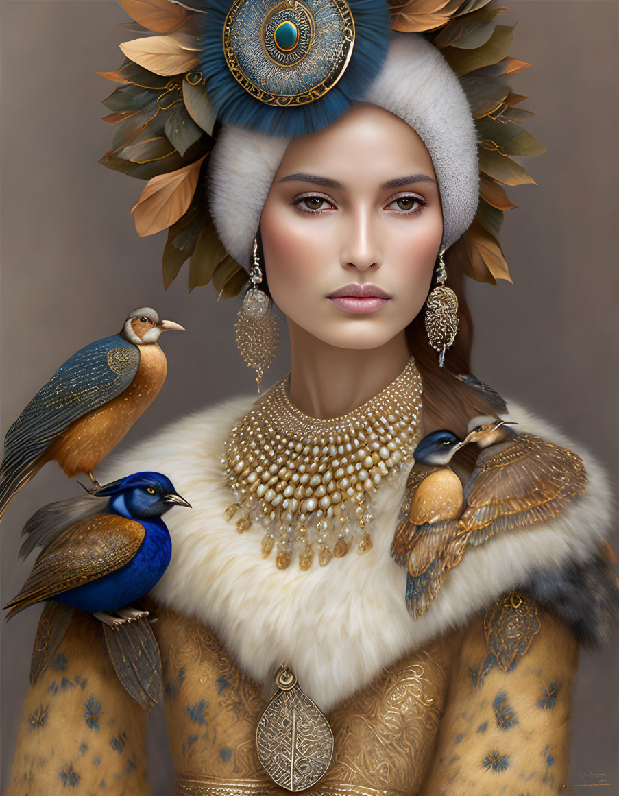 Woman with ornate headpiece and bird-themed attire, flanked by realistic birds.