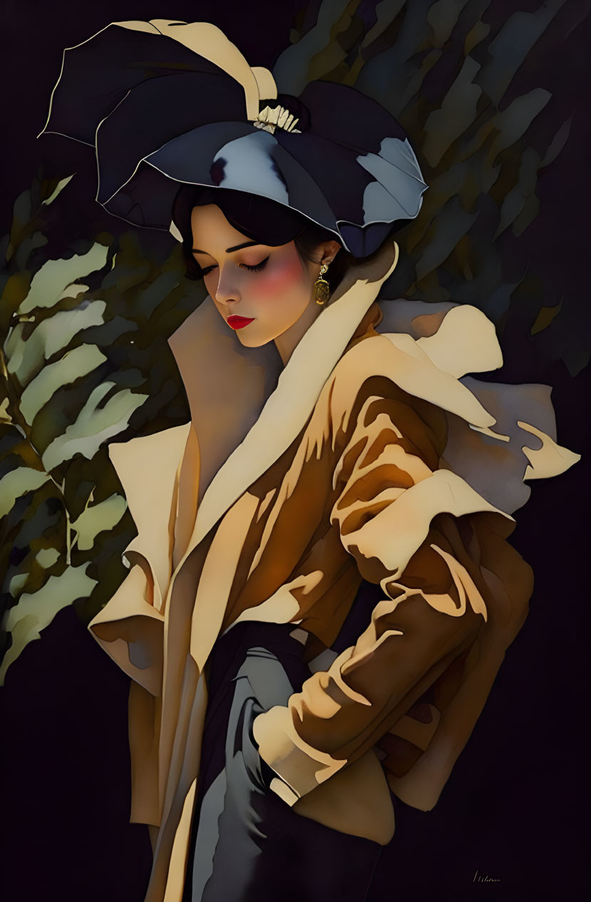 Vintage-inspired Woman in Stylish Hat and Coat Art Deco Illustration