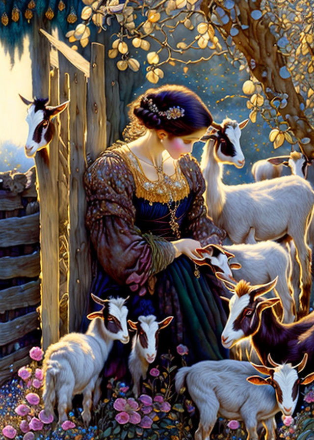 Woman in vintage dress feeding goats by wooden fence in serene setting