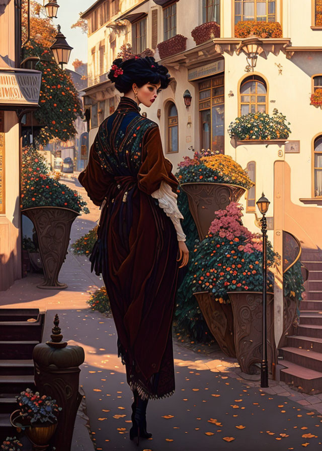 Vintage-dressed woman strolls on flower-lined street in serene setting