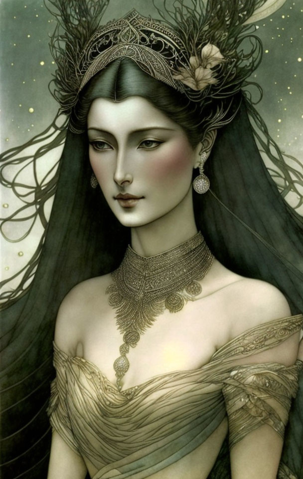 Intricate Crown and Jewelry on Woman Portrait