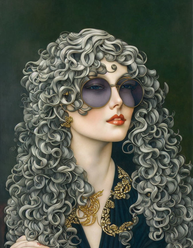 Illustration: Woman with curly gray hair, round sunglasses, red lipstick, gold jewelry